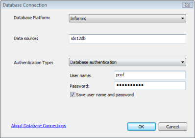 Ejemplo de conexión a Informix utilizando el nombre de una fuente de datos