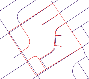 Las nuevas carreteras (se muestran en rojo) se deben ajustar para coincidir con las carreteras existentes (se muestran en azul).