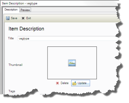 Puede incluir un archivo de imagen para utilizarlo como vista en miniatura de un elemento al editar sus metadatos.