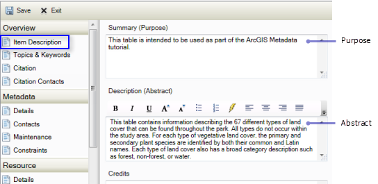 Introduzca la descripción y resumen de metadatos en la página Descripción del elemento