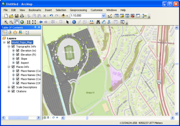 Interfaz de usuario de ArcMap que muestra la tabla de contenido y un mapa