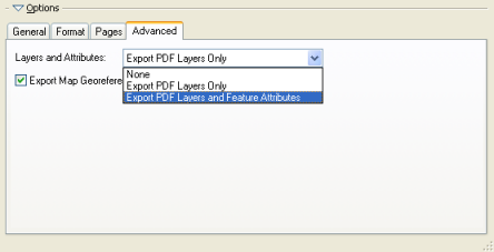 Opción Exportar las capas PDF y los atributos de las entidades en la pestaña Opciones avanzadas del cuadro de diálogo Exportar mapa