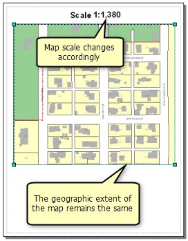La extensión geográfica del mapa sigue siendo la misma y la escala de mapa cambia en consecuencia.