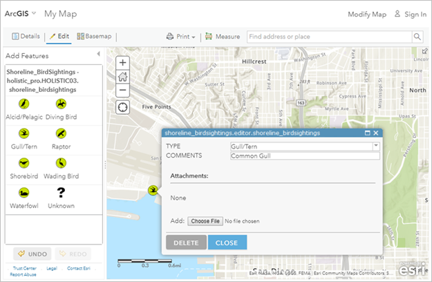 Agregar un avistamiento de pájaros a la base de datos mediante el Visor de mapas