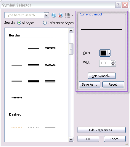 Para cambiar las propiedades básicas de un símbolo, se utilizan los controles del cuadro de diálogo Símbolo actual en el cuadro de diálogo Selector de símbolo antes de aplicarlo.