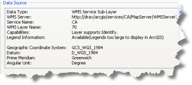 Información de la fuente de datos de la subcapa del servicio WMS
