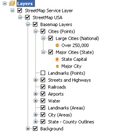 Una vista de un servicio de mapas de ArcGIS en la tabla de contenido