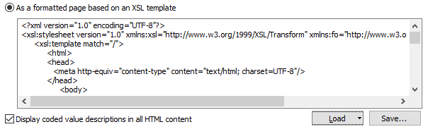 Una plantilla XSLT en la pestaña Elemento emergente HTML