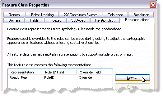 Crear una nueva representación en la pestaña Representaciones del cuadro de diálogo Propiedades de clase de entidad en ArcCatalog