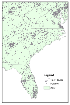 Mapa de densidad de puntos de una población en los Estados Unidos