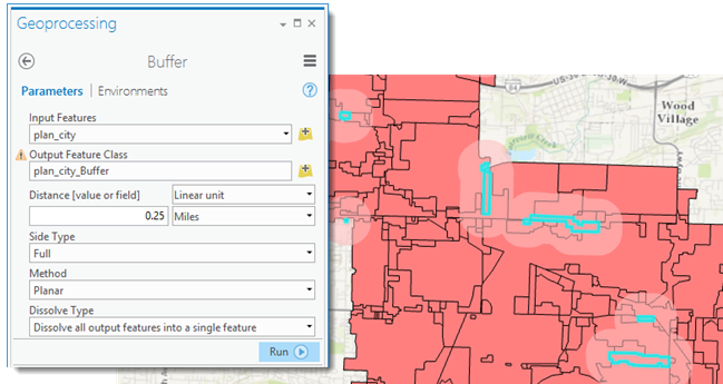 Quarter-mile buffers around the commercial districts