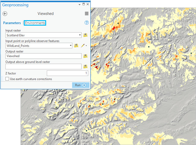 The Viewshed raster displayed over the Hillshade raster