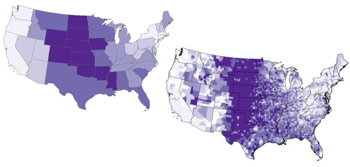 Two maps showing the populations who have experienced a tornado by state and county