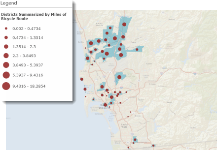 Maintenance assessment districts color coded by miles of bicycle route in each