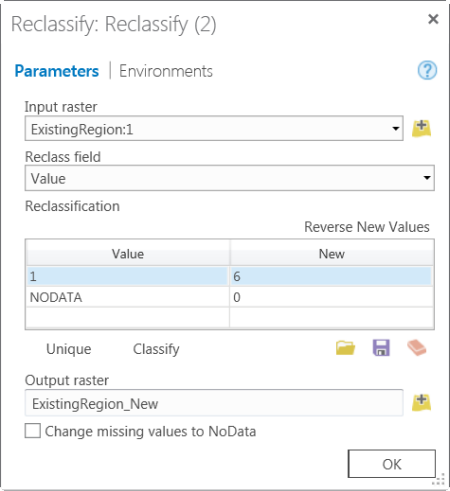 Reclassify tool dialog box with parameters specified