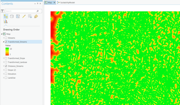 Rescaled distance from streams output layer