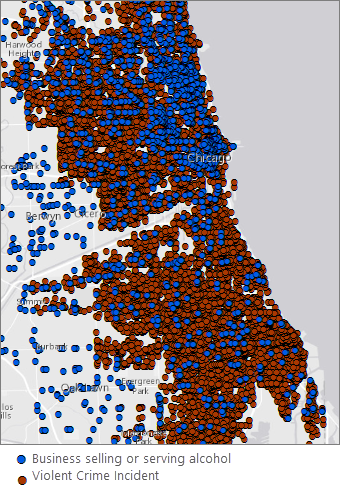 Liquor vendors in blue; Violent crime incidents in brown