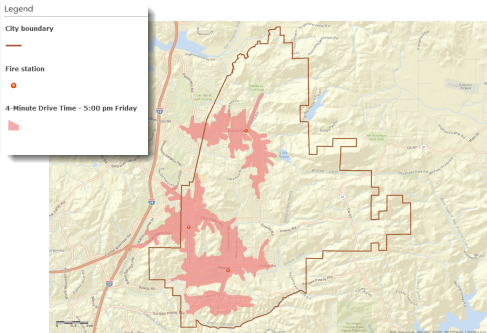 Map showing area within a four-minute drive time from a fire station during heavy traffic conditions
