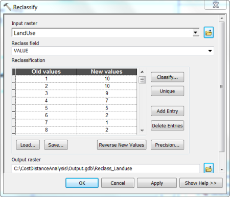 Reclassify tool dialog box with parameters specified