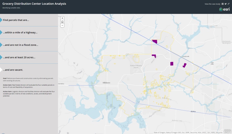 Map showing the story map for grocery distribution center location analysis