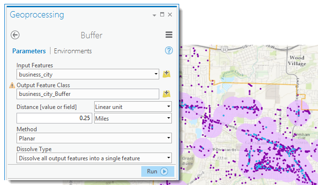 Quarter-mile buffers around the selected businesses