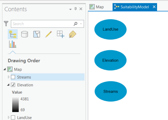 Dragging LandUse, Elevation, and Streams layers into the ModelBuilder model