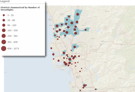 Maintenance assessment districts color coded by the number of streetlights in each