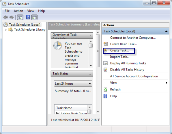 Create Task action on the Task Scheduler window