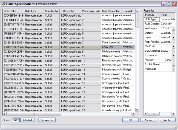 The Visual Specifications Advanced View dialog box