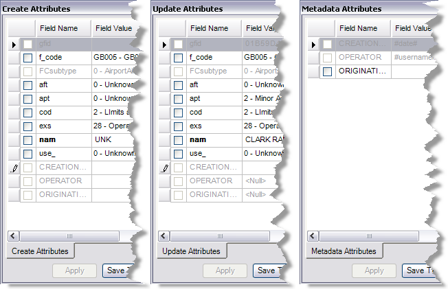 The Create Attributes, Update Attributes, and Metadata Attributes windows