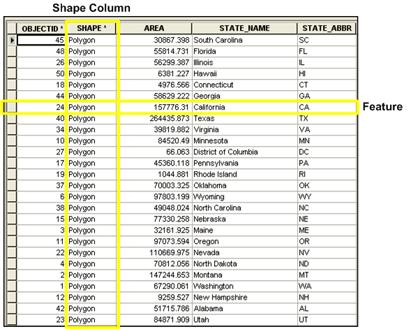 Table de classes d'entités affichant la colonne de forme