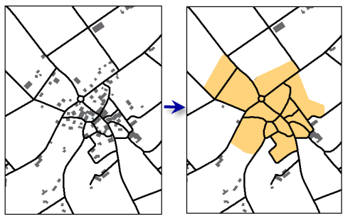 L'outil Delineate Built-up Areas crée des polygones qui représentent la distribution d'entités de bâtiment en entrée