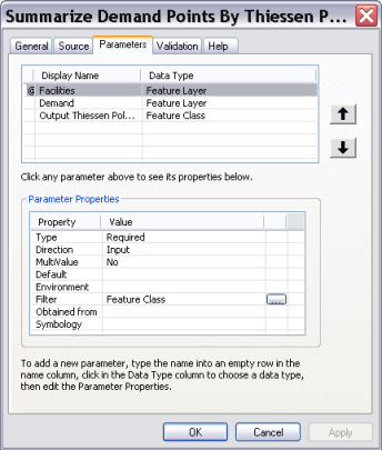 Page de propriétés de l'outil de script