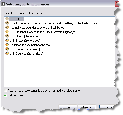 Selecting table datasources dialog box