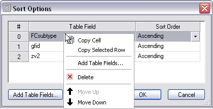 Sort Option dialog box shortcut menu