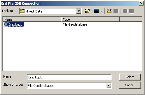 Sélection de la géodatabase fichier Esri souhaitée
