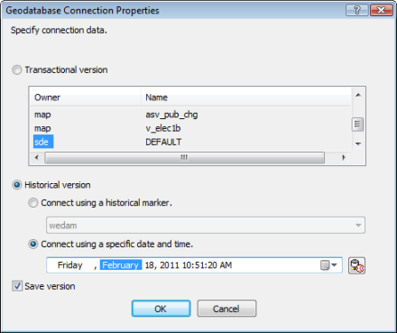 Modification de la version historique dans la boîte de dialogue Propriétés de la connexion à une géodatabase