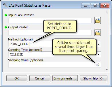 Boîte de dialogue de l'outil de géotraitement Statistiques de point LAS en tant que raster