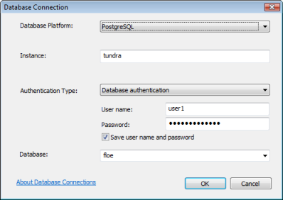 Connexion à une base de données, boîte de dialogue