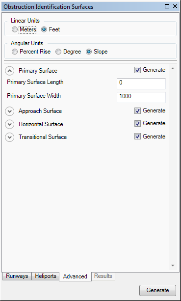 Advanced tab for the FAA Advisory Circular 150/5300-18B surfaces