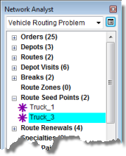 Deux points d'origine de tournée dans la fenêtre Network Analyst