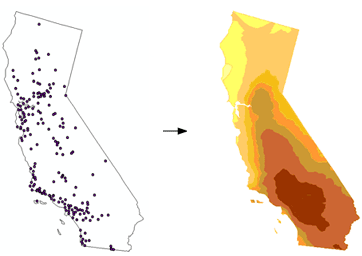 Interpolation de données d'échantillonnage de points sur une surface raster continue