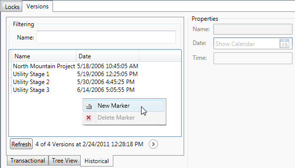 Création d'un repère chronologique à partir du sous-onglet Historique de l'onglet Versions dans la boîte de dialogue +++Geodatabase Administration