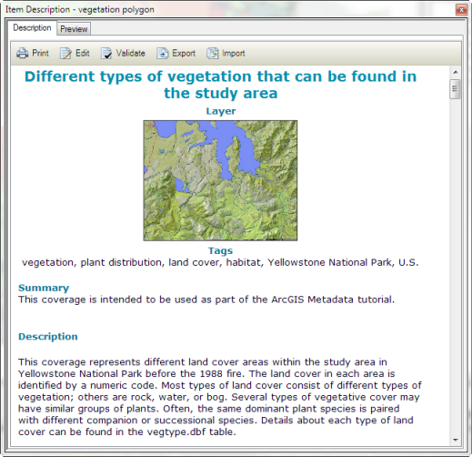 Vous pouvez afficher les métadonnées d'un élément ArcGIS dans l'onglet Description