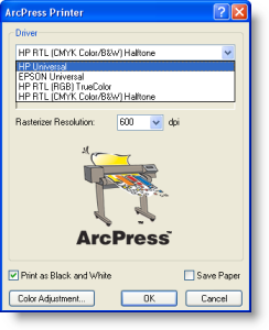 Sélection du pilote d’imprimante ArcPress