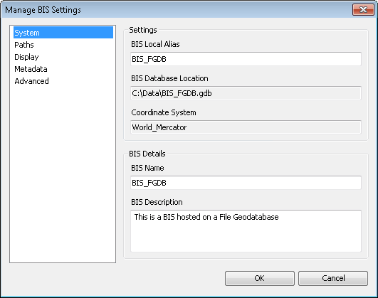 Manage BIS Settings dialog box