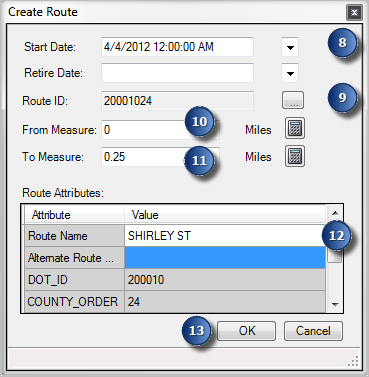 Create Route dialog box