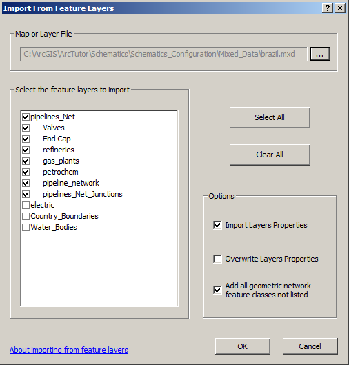 Boîte de dialogue Importer à partir des couches d'entités après la sélection du fichier Brazil.mxd