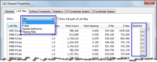 Boîte de dialogue Propriétés du jeu de données LAS – Onglet Fichiers LAS