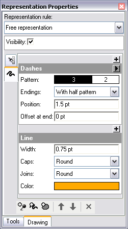 Ouvrez la boîte de dialogue Propriétés de la représentation et cliquez sur l'onglet Dessin pour voir comment une représentation libre est décrite en détail.